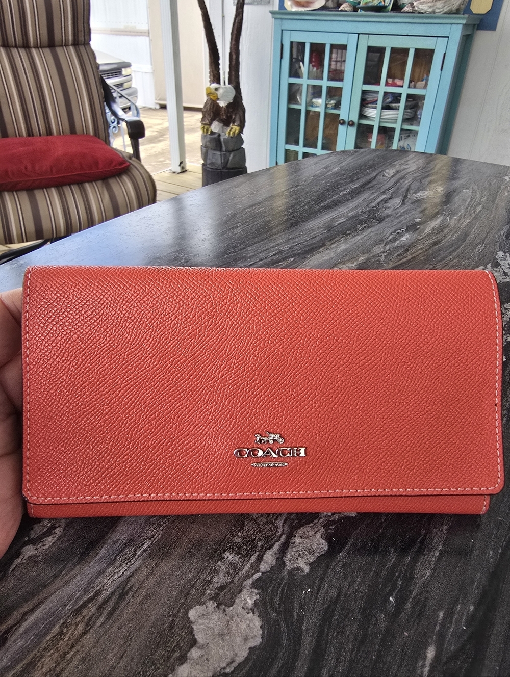 Coach NWO Tag Orange & Burgandy Interior  Pebbled Leather Continental 8x4 Wallet